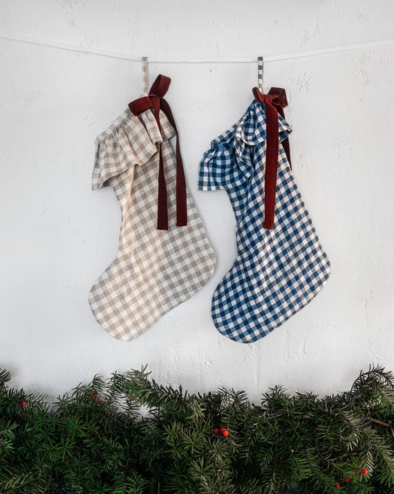 Linen Christmas Stockings with Ruffle - Handmade Linen Stocking with Red Ribbon - Gingham Christmas Decor - Custom Linen Christmas Stocking