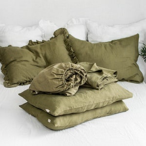 Linen Sheet Set in Olive Green. Fitted Sheet, Flat Sheet & 2 Pillowcases in King, Queen, Twin, Full, Double size. Olive Green Linen Bedding