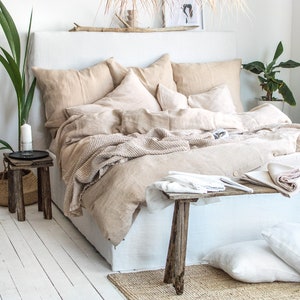 Linen Bedding Set in Cream. 3 Piece Set in King, Queen, Twin, Full, Double sizes. Cream Linen bedding set: 2 Pillowcases & Duvet Cover