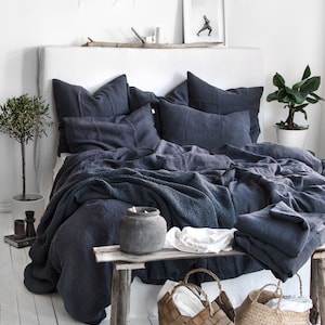 Graphite Blue Linen Bedding Set - Duvet Cover & 2 Pillowcases - King Queen Full Double Twin Single - Anthracite Gray Blue Washed Soft Linen