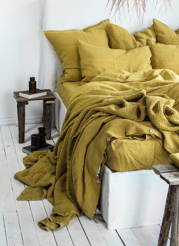 Waffle Blanket in Yellow Ochre. Extra Soft Waffle Throw Blanket. Linen cotton Waffle Bed Cover. Mustard Coverlet. King Queen Size Bedspread Etsy