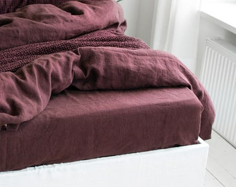 Linen Fitted Sheet in Burgundy. King, Queen, Twin, Full, Double sizes. Stonewashed Natural & Soft linen Fitted Sheet in Ruby Red