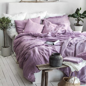 Linen Bedding Set in Lavender. 3 Piece Set: 2 Pillowcases & Duvet Cover. King, Queen, Twin, Full, Double, Single size. Lilac linen bedding