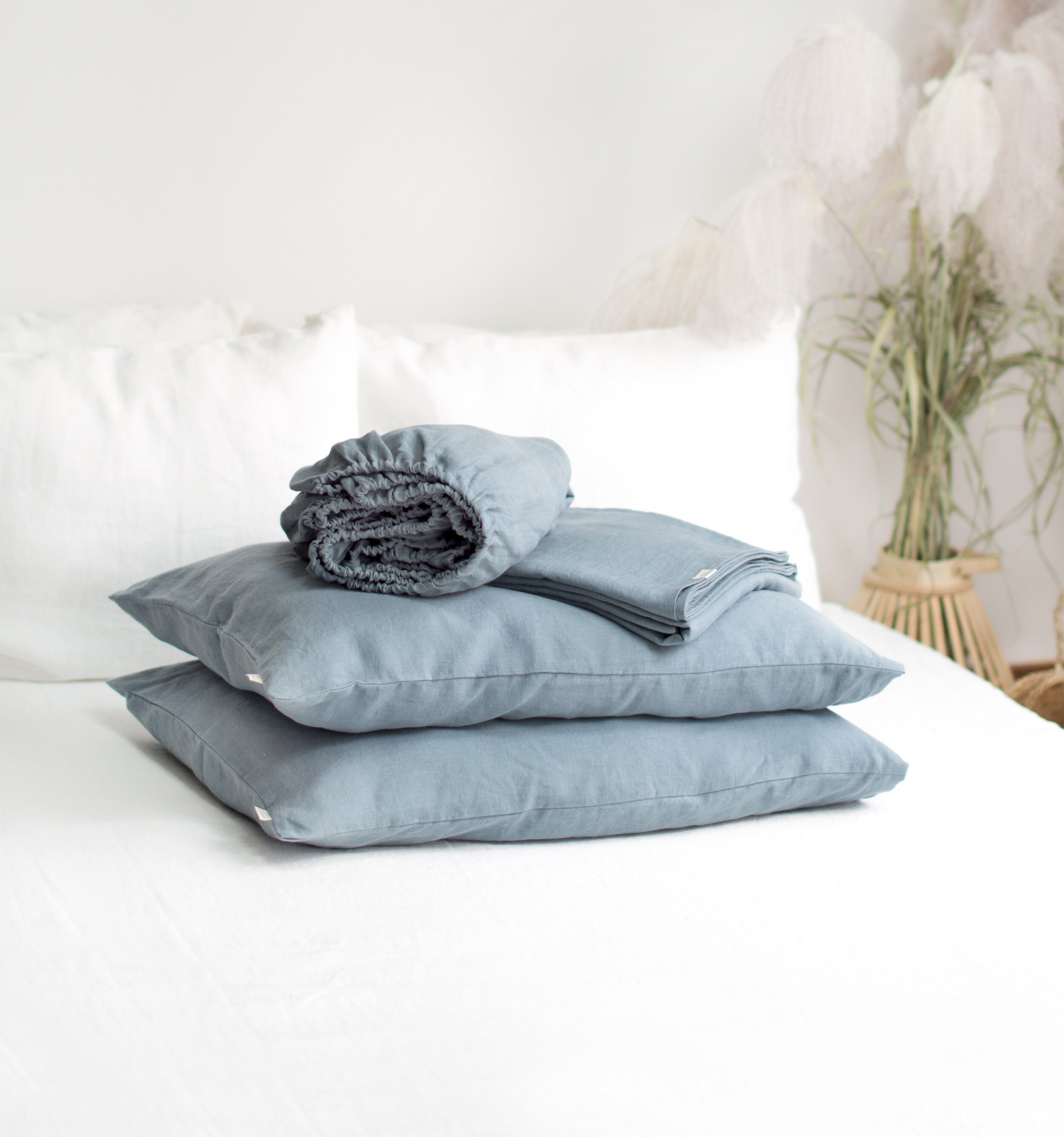 DUSTY BLUE LINEN Sheet Set. Fitted Sheet Flat Sheet & 2 Etsy
