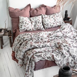 BUTTERFLY LINEN BEDDING. 3 piece set. Unique Vintage Butterfly Print. King, Queen, Twin, Full, Double sizes. Botanical Forest Linen Bedding. image 7