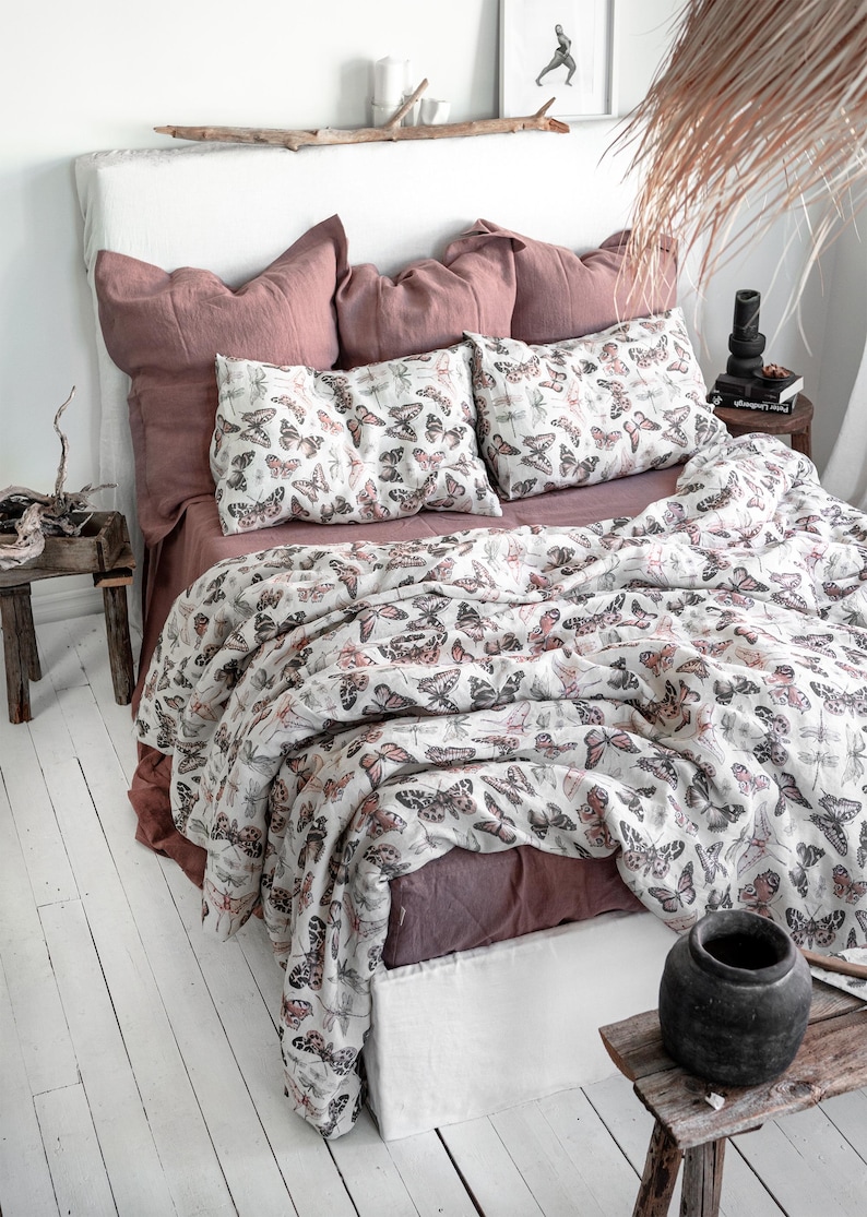 BUTTERFLY LINEN BEDDING. 3 piece set. Unique Vintage Butterfly Print. King, Queen, Twin, Full, Double sizes. Botanical Forest Linen Bedding. image 7