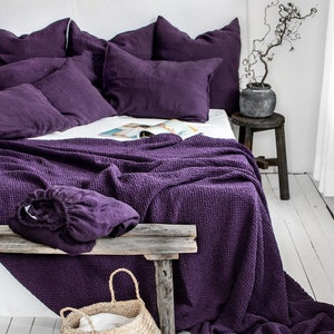 Waffle Blanket in Plum. Natural Soft Purple Throw Blanket - Linen-Cotton Bed Cover. Dark Purple Coverlet. King Queen Full Double Bedspread