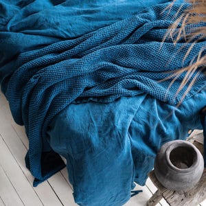 Waffle Blanket in Lake Blue. Extra Soft Waffle Throw Blanket. Linen-Cotton Waffle Bed Cover. Blue Waffle Coverlet