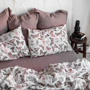 BUTTERFLY LINEN BEDDING. 3 piece set. Unique Vintage Butterfly Print. King, Queen, Twin, Full, Double sizes. Botanical Forest Linen Bedding. image 8
