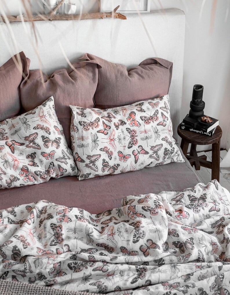 BUTTERFLY LINEN BEDDING. 3 piece set. Unique Vintage Butterfly Print. King, Queen, Twin, Full, Double sizes. Botanical Forest Linen Bedding. image 8