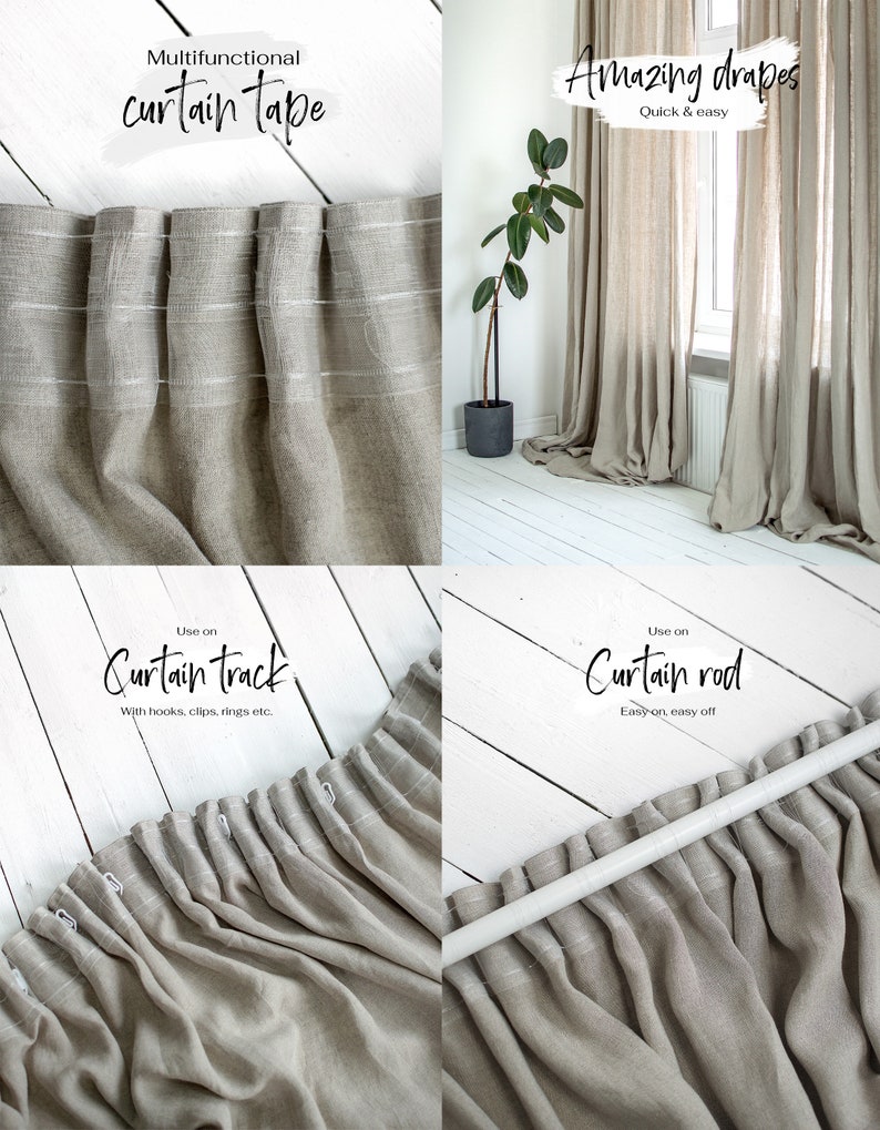 May include: A close-up of a beige curtain with a white curtain tape. The tape is designed to be used with a curtain track or rod. The text "Multifunctional curtain tape" is at the top of the image. The text "Use on Curtain track" is in the bottom left corner of the image. The text "With hooks, clips, rings etc." is below the text "Use on Curtain track". The text "Amazing drapes" is at the top of the image. The text "Quick & easy" is below the text "Amazing drapes". The text "Use on Curtain rod" is in the bottom right corner of the image. The text "Easy-on, easy off" is below the text "Use on Curtain rod".