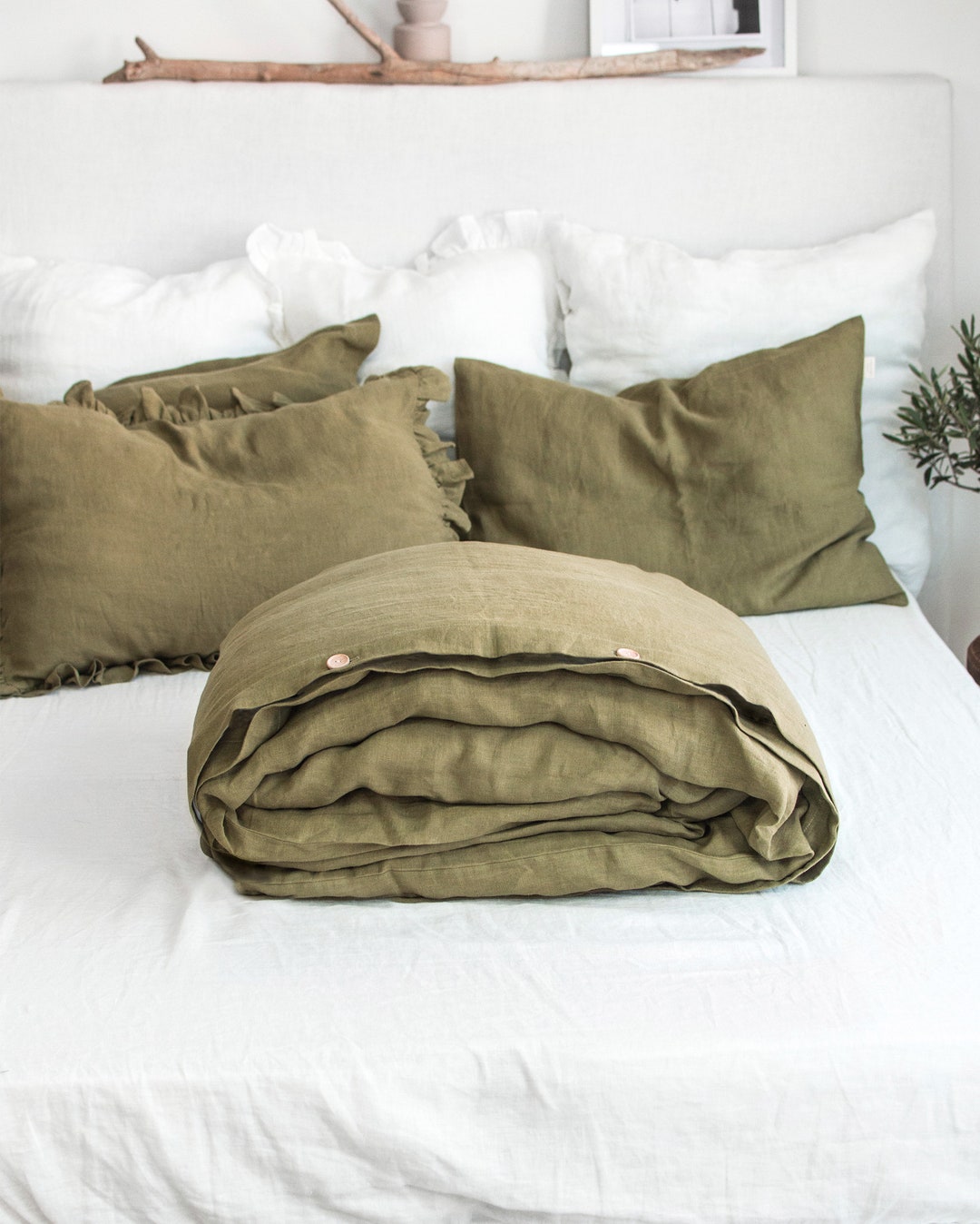 Linen Duvet Cover in Olive Green. King, Queen, Twin, Full, Double, Single Sizes. Green Linen