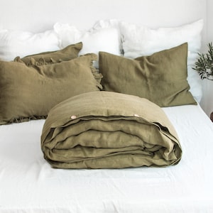 Linen Duvet Cover in Olive Green. King, Queen, Twin, Full, Double, Single sizes. Green Linen Duvet Cover. Olive Green Linen Bedding