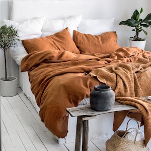 CINNAMON LINEN BEDDING Set. 3 pieces. Stonewashed Linen Bedding Set in King, Queen, Twin, Full, Double sizes. Terracotta rust color linen