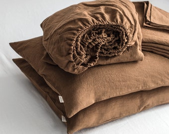 Linen Sheet Set in Tobacco. Fitted Sheet, Flat Sheet & 2 Pillowcases in King, Queen, Twin, Full, Double size. Tobacco brown Linen Bedding.