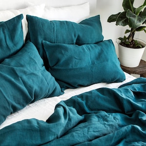 Linen Pillowcase in Emerald Blue - Coral Ocean Blue Pillow Cover - Standard Queen King Body Lumbar Euro Sham Deco Soft Washed Cushion Cover