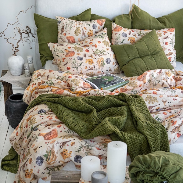 PILZ LEINEN Bettbezug. Leinen Bettdecke mit Pilzen in den Größen König, Königin, Zwilling, Voll, Doppel, Zwilling. Botanische Leinenpilz Schlafzimmer Deko