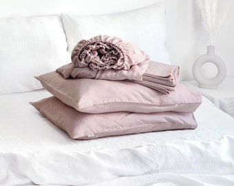 Juego de sábanas de lino en Dusty Rose. Sábana ajustable, sábana plana y 2 fundas de almohada en tamaño King, Queen, Twin, Full y Double. Ropa de cama de lino rosa rosa.