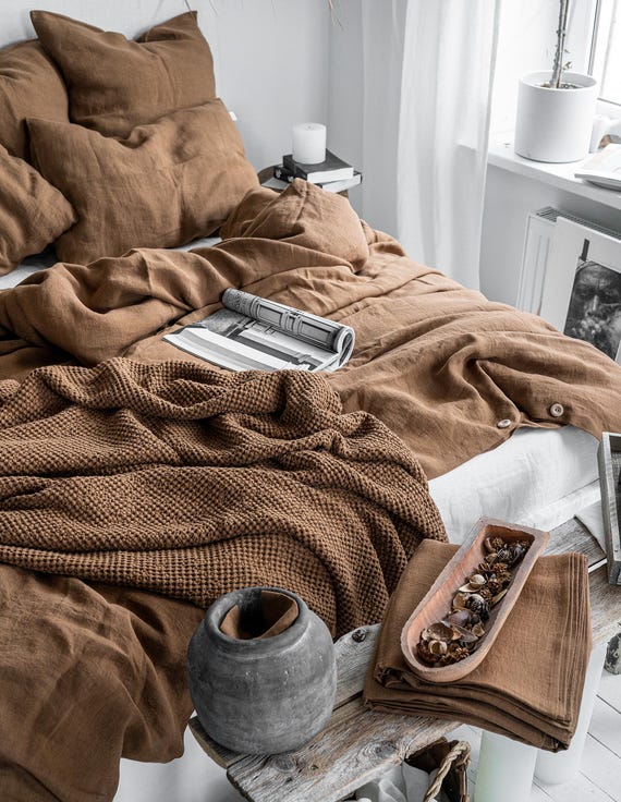 tobacco sheets Linen Sheet Set in Tobacco. Fitted Sheet, Flat Sheet & 2 Pillowcases in  King, Queen, Twin, Full, Double Size. Tobacco Brown Linen Bedding