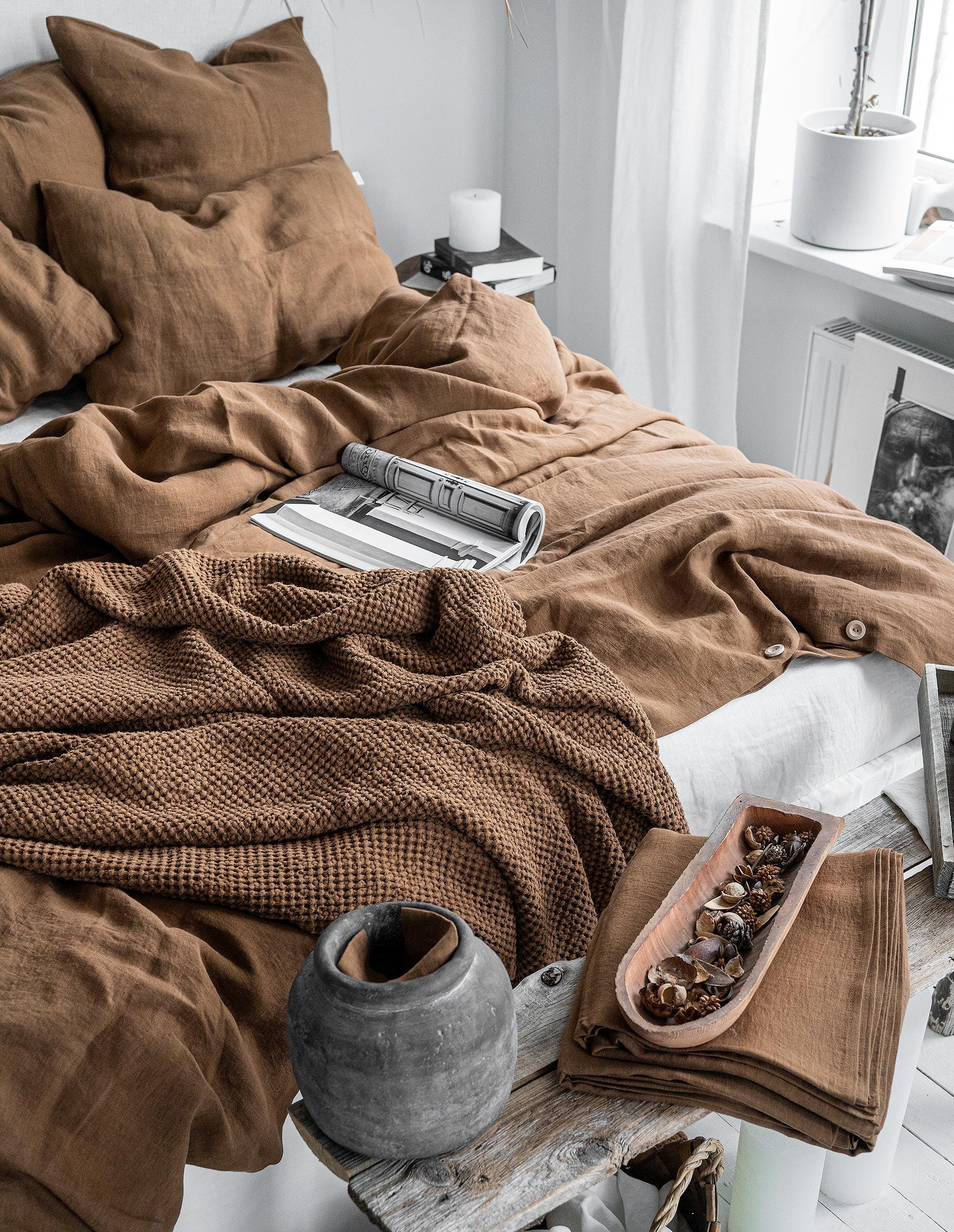 tobacco sheet set Linen Sheet Set in Tobacco. Fitted Sheet, Flat Sheet & 2 Pillowcases in  King, Queen, Twin, Full, Double Size. Tobacco Brown Linen Bedding