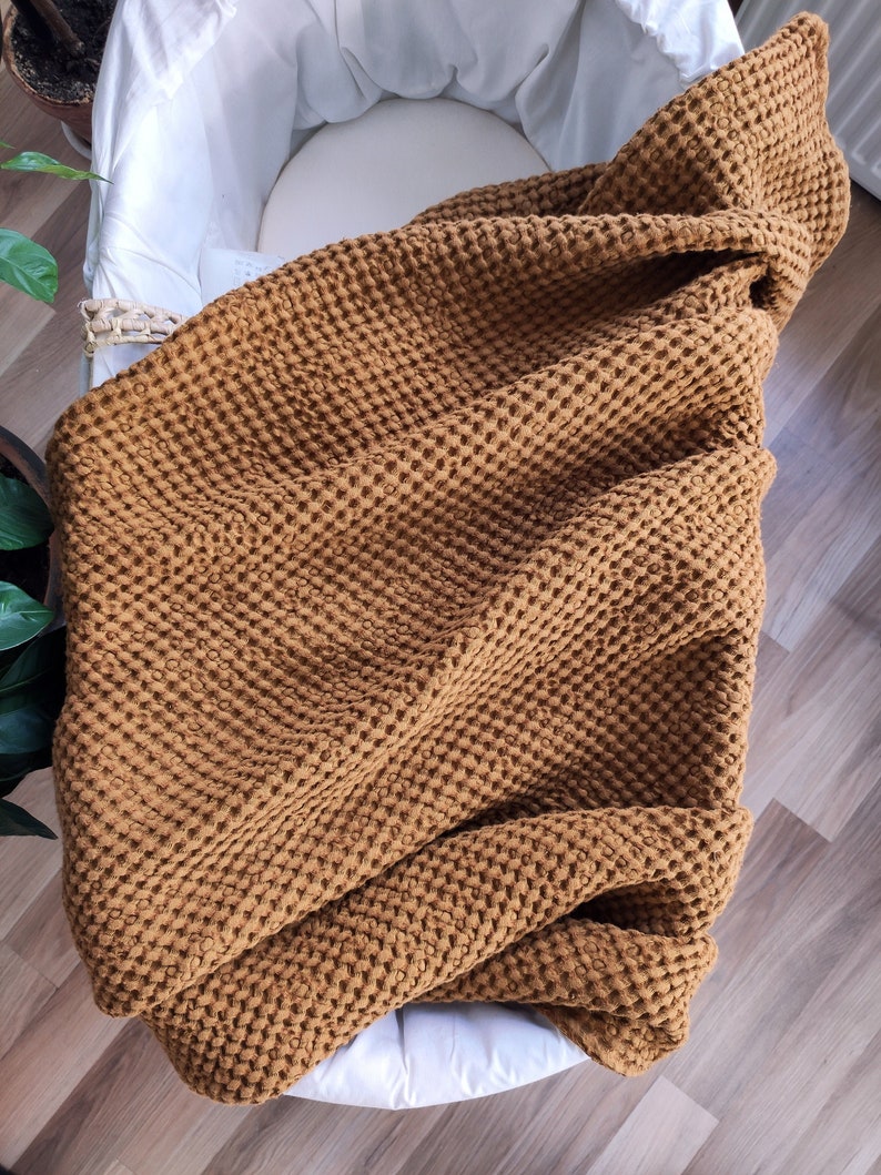 MUSTARD WAFFLE BABY Blanket. Linen baby crib coverlet in ultra soft Waffle pattern. Mid-century mustard linen bed throw for toddler nursery. image 7