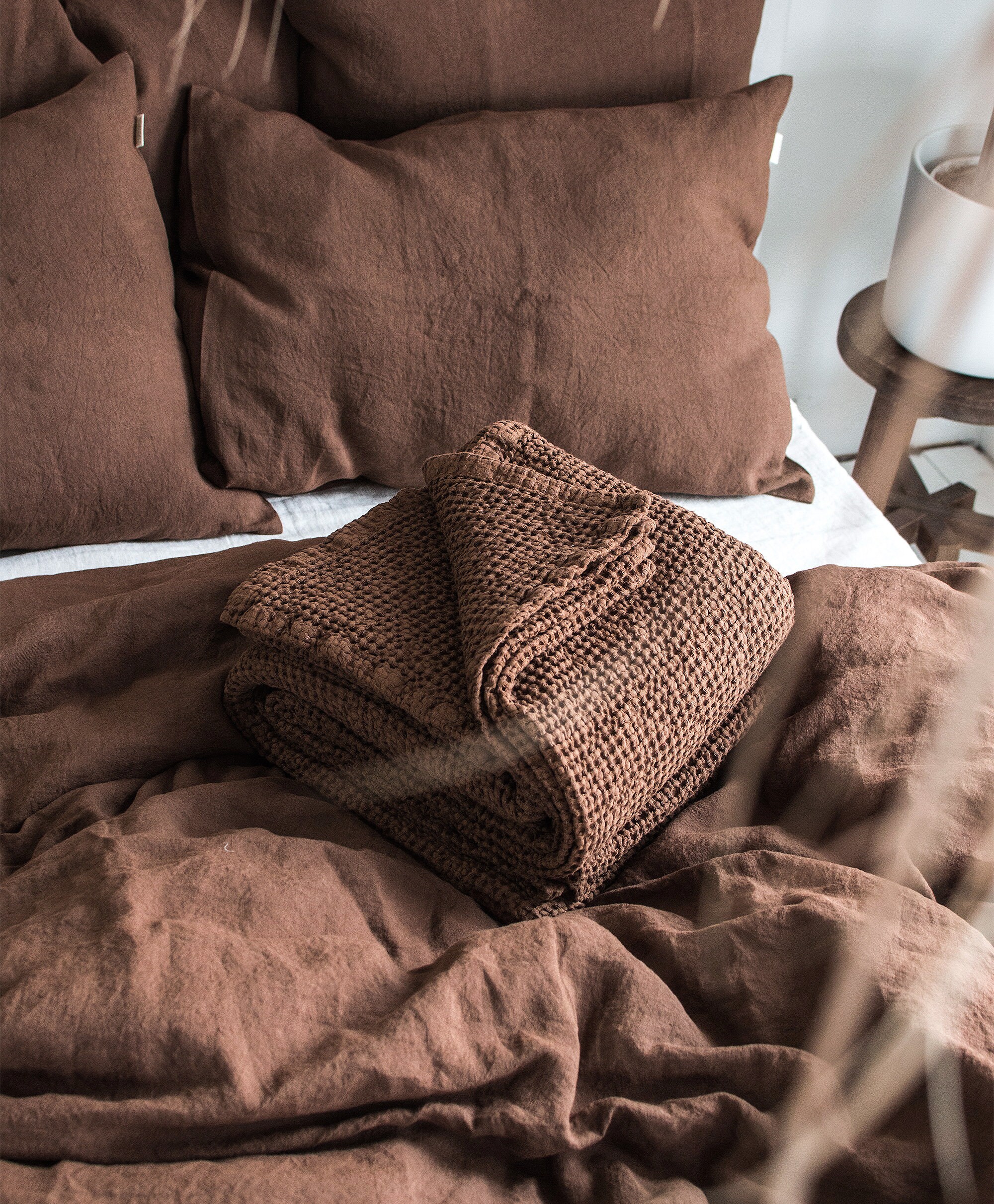 Waffle Blanket in Walnut. Extra Soft Waffle Throw Blanket. Linen-Cotton Waffle Bed Cover. Dark Brown Rustic Waffle Coverlet