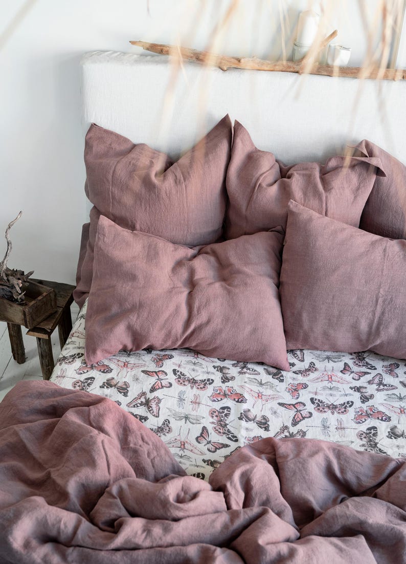 BUTTERFLY LINEN BEDDING. 3 piece set. Unique Vintage Butterfly Print. King, Queen, Twin, Full, Double sizes. Botanical Forest Linen Bedding. image 10