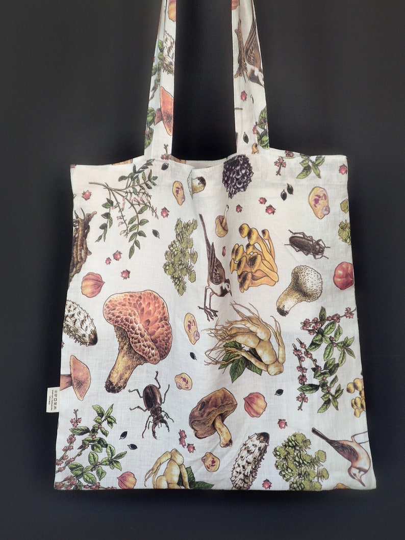 MUSHROOM LINEN TOTE bag. Botanical Linen Shopping & Beach Bag. Zero waste bag. Stonewashed Vintage Linen Fabric with Unique Mushroom Print. image 2