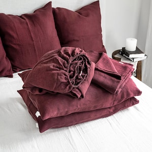 Linen Sheet Set in Burgundy. Fitted Sheet, Flat Sheet & 2 Pillowcases. King, Queen, Twin, Full, Double, Standard. Ruby Red Linen Bedding