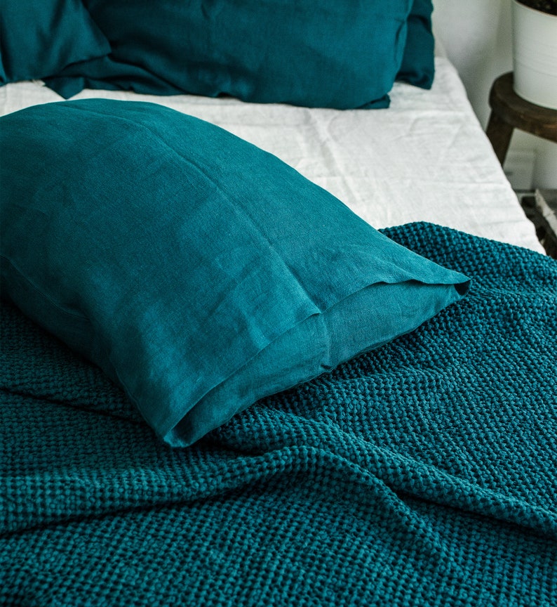 Set biancheria da letto in lino blu smeraldo Set copripiumino e 2 federe King Queen Full Double Twin Single Coral Ocean Blue Washed Soft Linen immagine 9