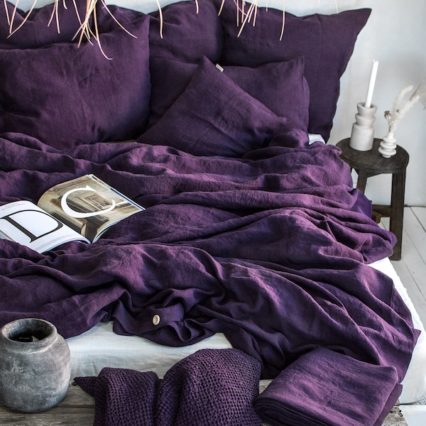 Juego de cama de lino color ciruela. Juego de funda nórdica y dos fundas de almohada en tamaños King, Queen, Full, Double y Twin. Ropa de cama de lino morado oscuro.