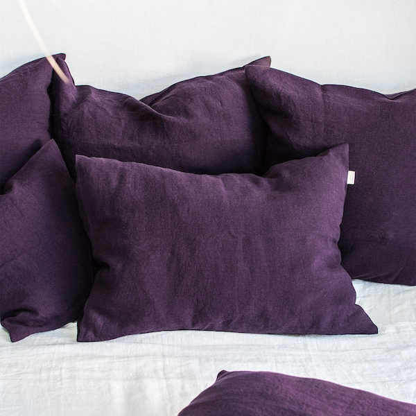 Taie d'oreiller en lin prune - taie d'oreiller en lin violet foncé - oreillers européens boudoir pour grand lit et grand lit standard - housse de coussin violet foncé