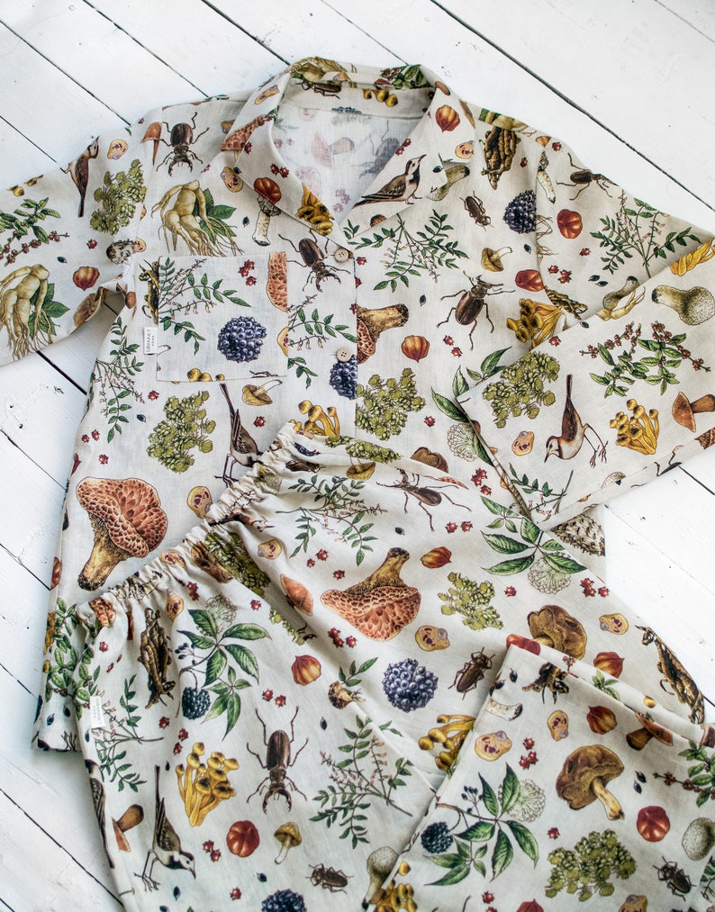 Mushroom Linen Pajama Set, Loose womens linen loungewear, Mushroom linen pajama pants and top, Night gown with vintage mushroom image 8