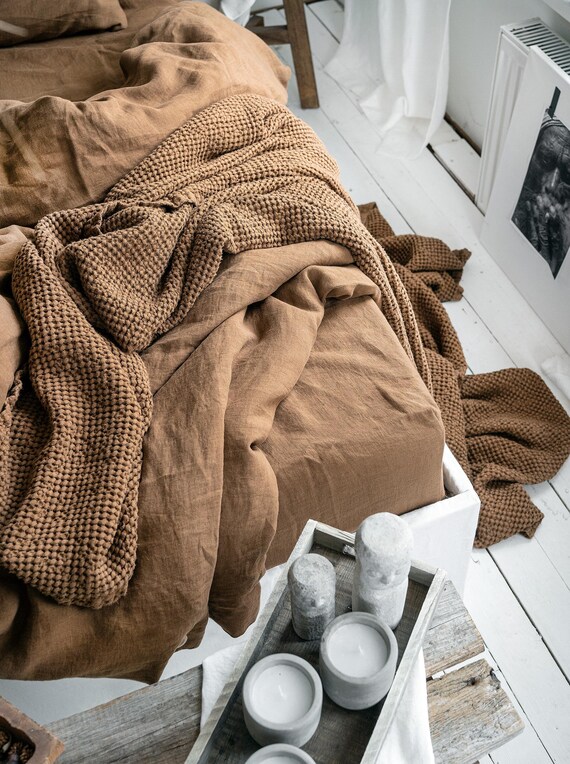 tobacco duvet Linen Bedding Set in Tobacco. Duvet Cover and 2 Pillowcases Set. King,  Queen, Twin, Full, Double, Single Size. Tobacco Brown Linen Bedding