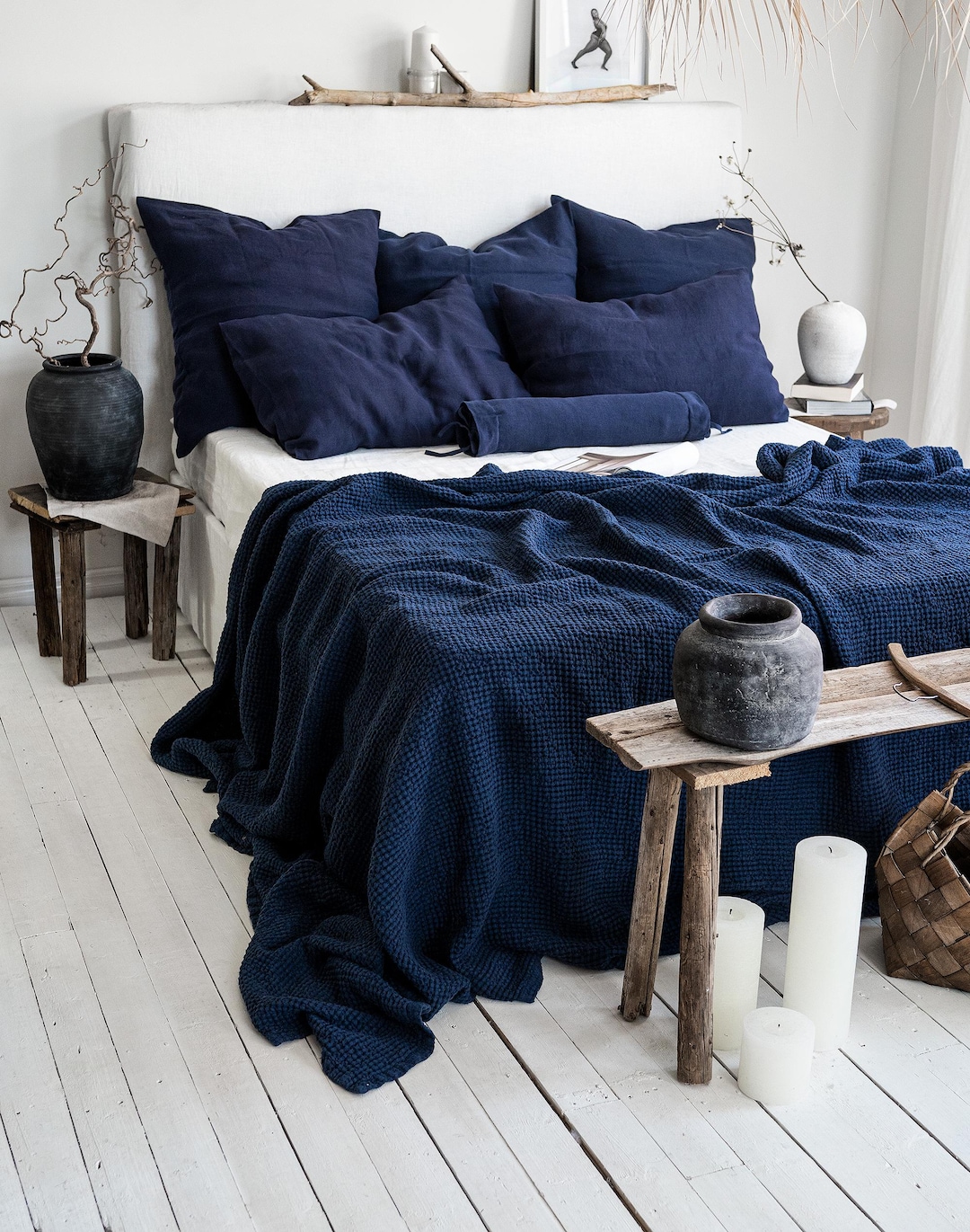 Waffle Blanket in Midnight Blue. Waffle Throw Blanket in Navy Blue