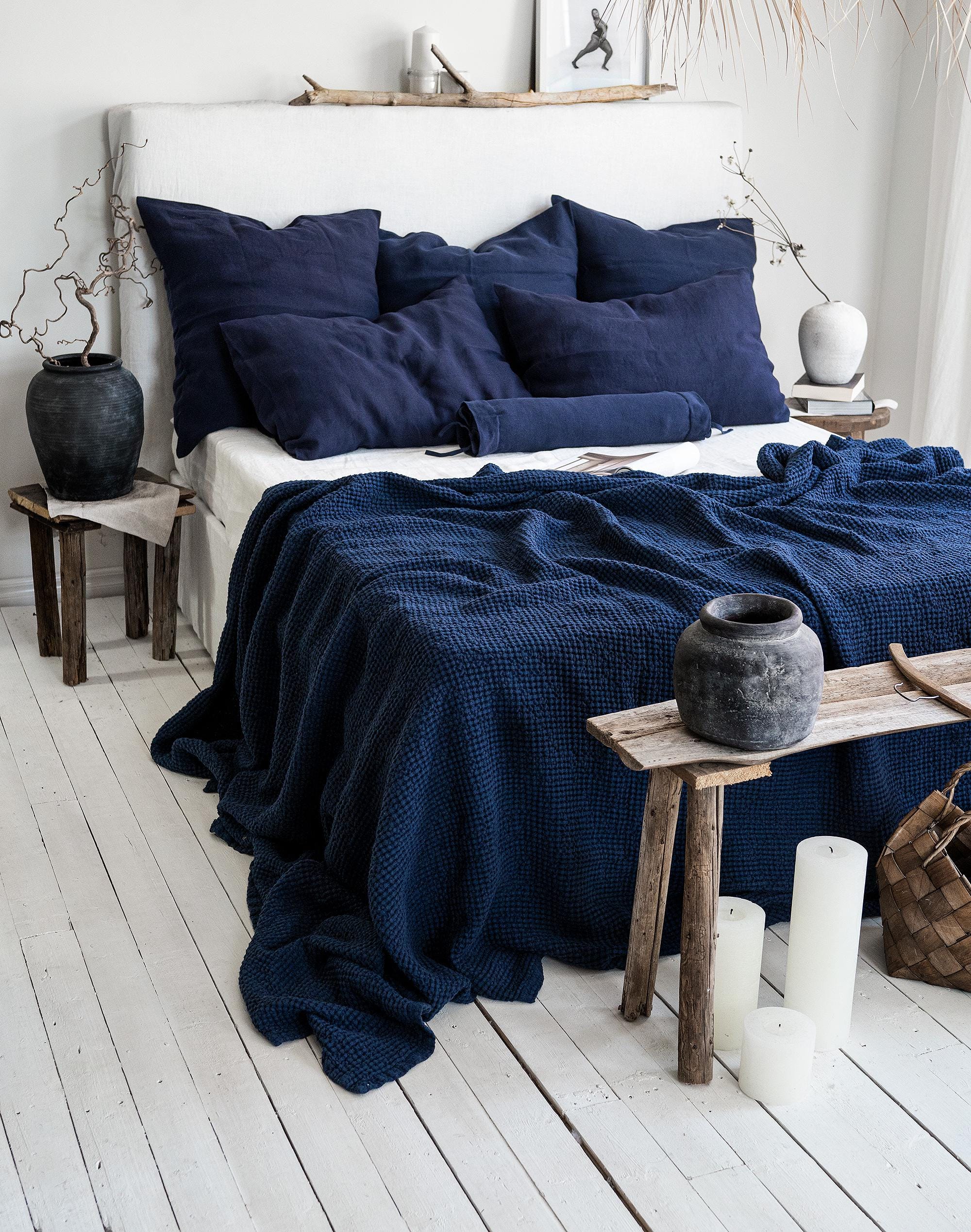 Waffle Blanket in Midnight Blue. Waffle Throw Blanket in Navy Blue