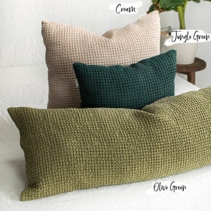 waffle throw pillows in olive, jungle green, cream colors