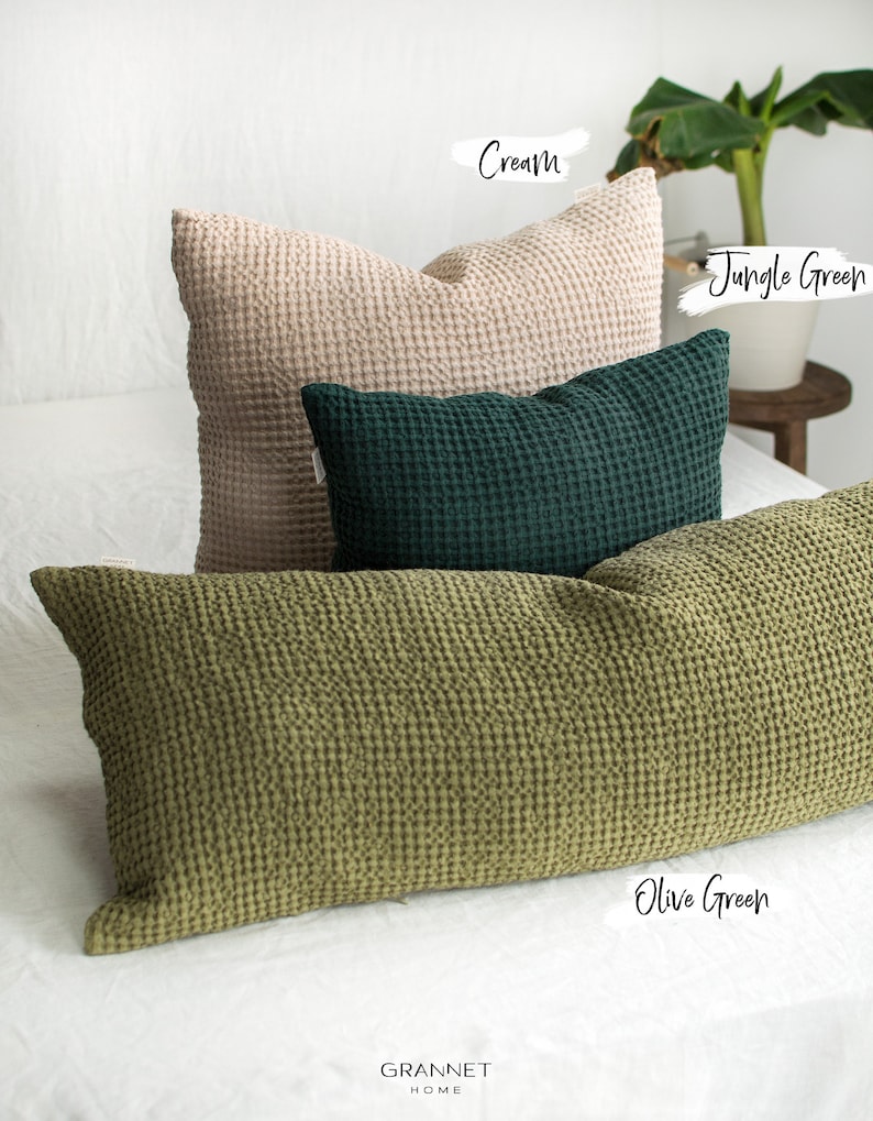 waffle throw pillows in olive, jungle green, cream colors