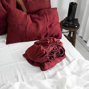 Linen Fitted Sheet in Maroon - Cal King Queen Full Double Twin XL Size - Dark Red Ruby Soft Natural Organic Linen Sheet With Tight Elastic