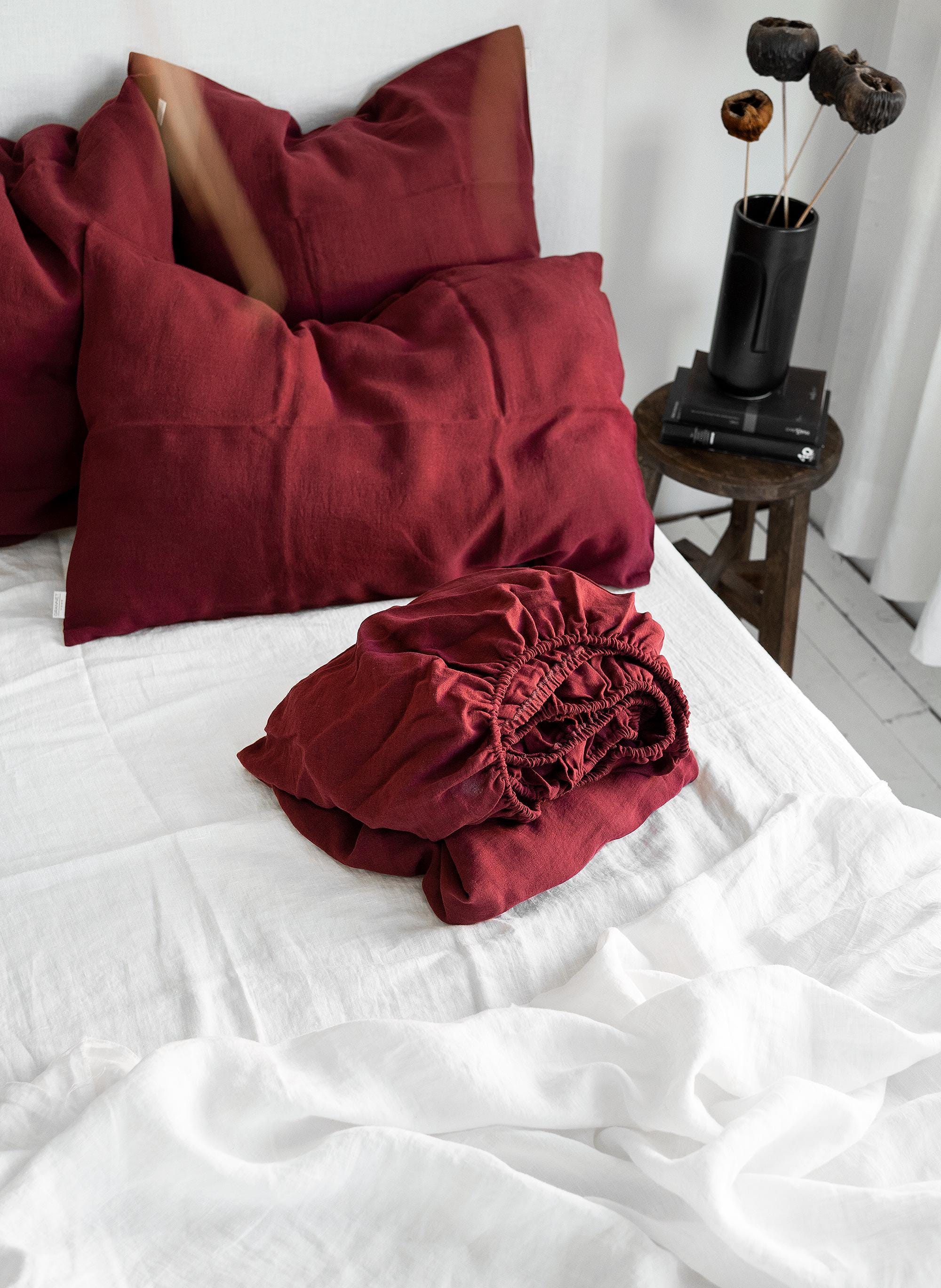 Linen Fitted Sheet in Maroon - Cal King Queen Full Double Twin XL Size - Dark Red Ruby Soft Natural Organic Linen Sheet With Tight Elastic