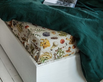 MUSHROOM LINEN FITTED Sheet. Linen Fitted Sheet in Vintage Mushrooms. King, Queen, Full, Double, Twin sizes. Mushroom linen sheet