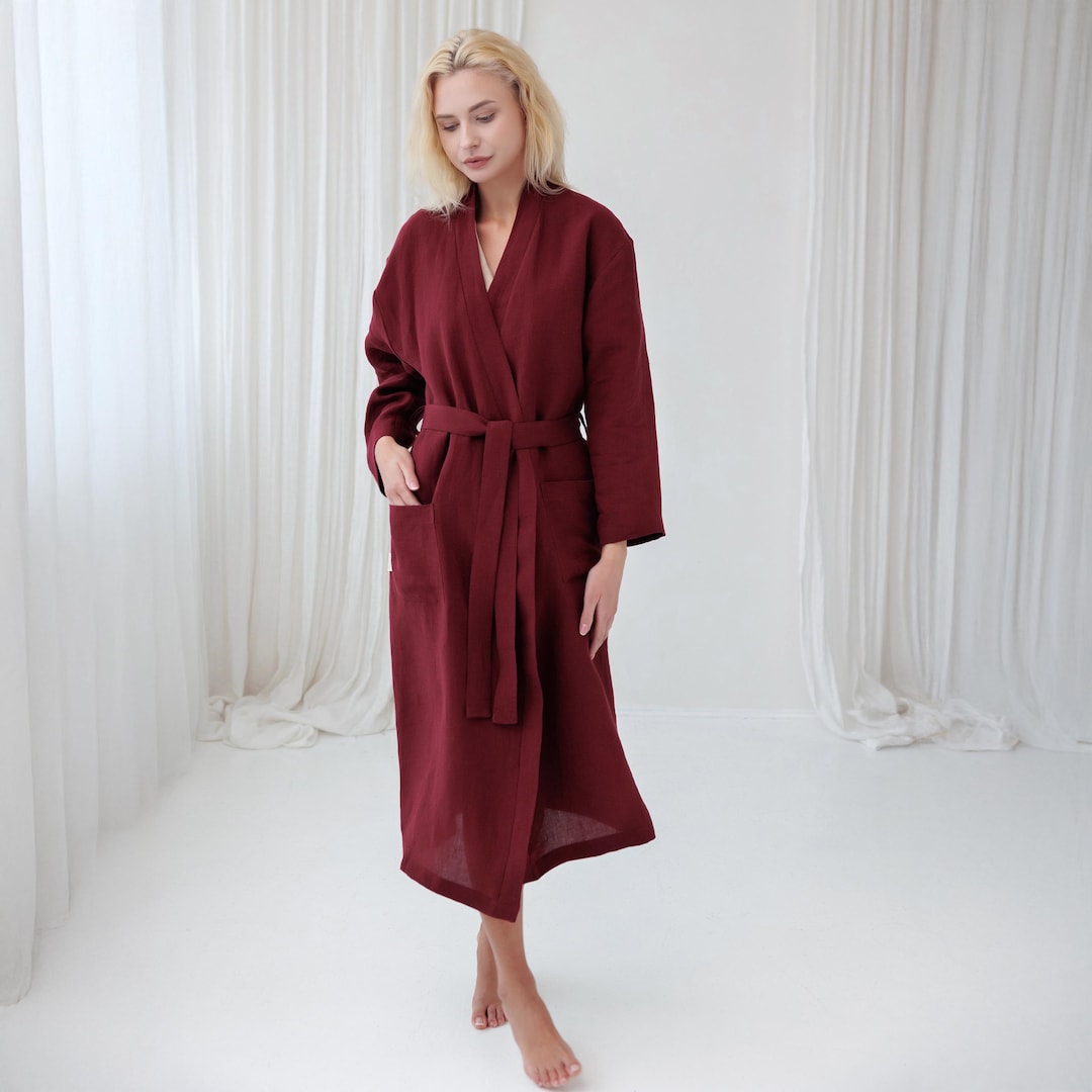 Maroon Robe Big Linen Robe in Maroon. Longsleeved With Sidepockets Kimono Robe. Women's ...