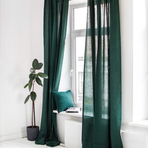 Farmhouse linen curtains in dark green