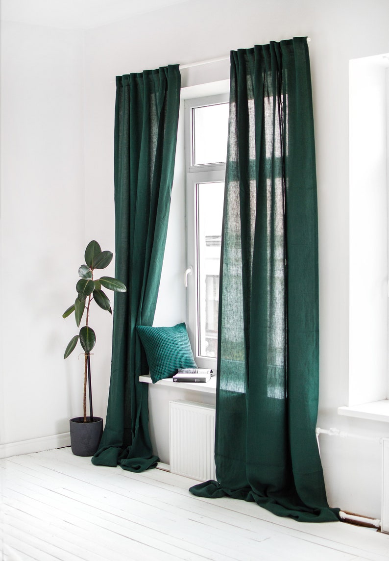 Farmhouse linen curtains in dark green