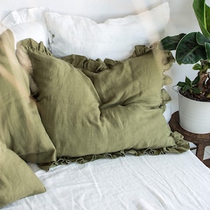 Ruffled Linen Sham with Envelope Closure, Washed Frilled Linen Pillow Cover, Luxury French Rustic Pillowcase with Ruffles, Shabby Chic Decor