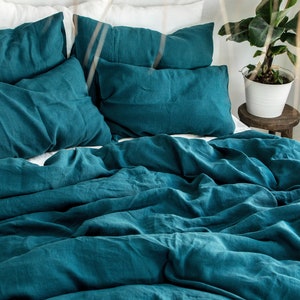 Set biancheria da letto in lino blu smeraldo Set copripiumino e 2 federe King Queen Full Double Twin Single Coral Ocean Blue Washed Soft Linen immagine 4
