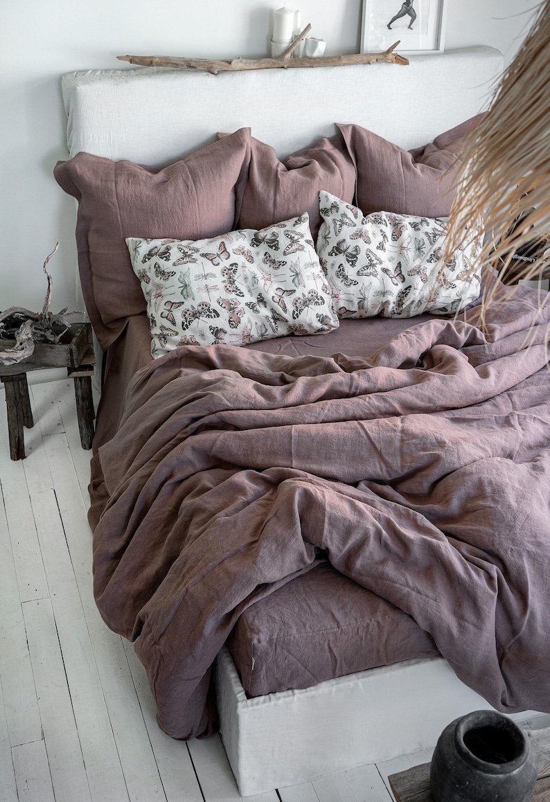 BUTTERFLY LINEN BEDDING. 3 piece set. Unique Vintage Butterfly Print. King, Queen, Twin, Full, Double sizes. Botanical Forest Linen Bedding. image 9
