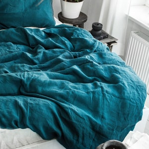 Linen Duvet Cover in Emerald Blue - Cal King Queen Twin Full Double Single Size - Washed Soft Coral Ocean Blue Deep Lake Linen Duvet Cover