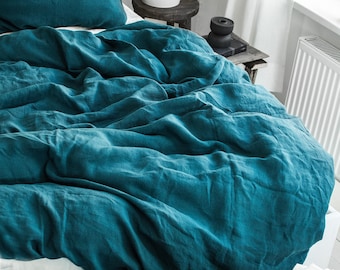 Linen Duvet Cover in Emerald Blue - Cal King Queen Twin Full Double Single Size - Washed Soft Coral Ocean Blue Deep Lake Linen Duvet Cover