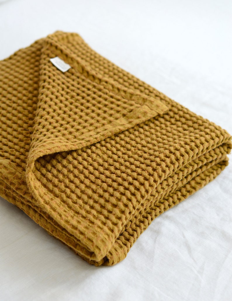 MUSTARD WAFFLE BABY Blanket. Linen baby crib coverlet in ultra soft Waffle pattern. Mid-century mustard linen bed throw for toddler nursery. image 4